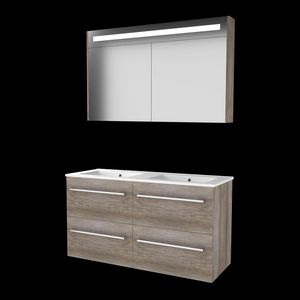 Set PREMIUM-46 onderkast scotch oak 120cm (2x 60cm) grepen chroom 4x la porselein wastafel 2x kraangat spiegelkast geïn. LED-verl. (P46GR120PSO)