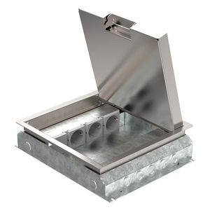 Vloercontactdoos instort 50mm 3x wandcontactdoos 4x M45 leeg RVS T25 klapd.