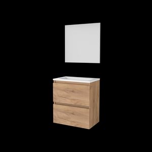 Set BASIC-39 onderkast 60cm Whisky Oak greeploos 2x la acryl wastafel z/ kraangat spiegel op plaat (B39GL60A0WO)