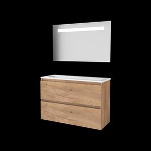 Set ECONOMIC-39 onderkast whisky oak 100cm greeploos 2x la acryl wastafel 1x kraangat spiegel geïn. LED-verl. (E39GL100A1WO)