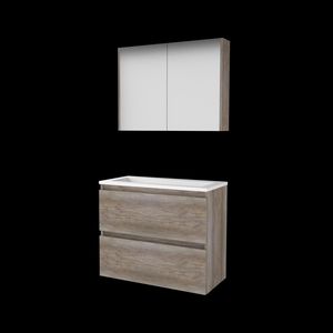 Set COMFORT-39 onderkast 80cm Scotch Oak greeploos 2x la acryl wastafel z/ kraangat spiegelkast (C39GL80A0SO)