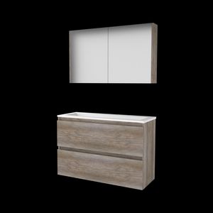 Set COMFORT-39 onderkast 100cm Scotch Oak greeploos 2x la acryl wastafel z/ kraangat spiegelkast (C39GL100A0SO)