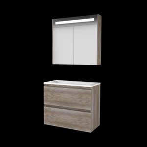 Set PREMIUM-39 onderkast scotch oak 80cm greeploos 2x la acryl wastafel z/ kraangat spiegelkast geïn. LED-verl. (P39GL80A0SO)