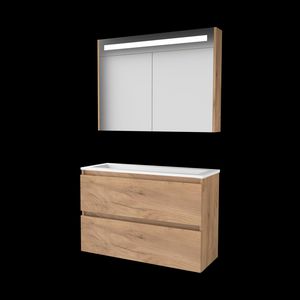 Set PREMIUM-39 onderkast whisky oak 100cm greeploos 2x la acryl wastafel z/ kraangat spiegelkast geïn. LED-verl. (P39GL100A0WO)