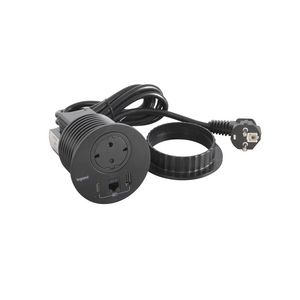 Wandcontactdoos zwart+ USB + RJ45+snoer L2m. Disq80