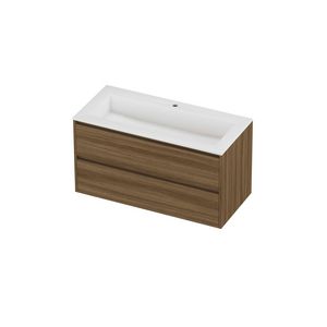 Aristo Set polystone Elegant wastafel met 1 kraangat en onderkast greeploos 2 laden symmetrisch in kader 1000x460x540mm matt White/Caramel walnut