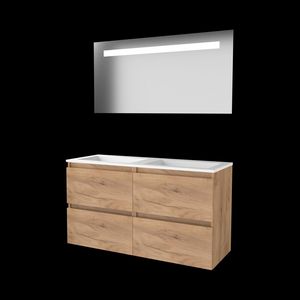 Set ECONOMIC-46 onderkast whisky oak 120cm (2x 60cm) greeploos 4x la acryl wastafel z/ kraangat spiegel geïn. LED-verl. (E46GL120A0WO)