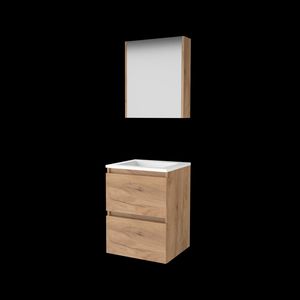 Set COMFORT-46 onderkast 50cm Whisky Oak greeploos 2x la acryl wastafel z/ kraangat spiegelkast (C46GL50A0WO)