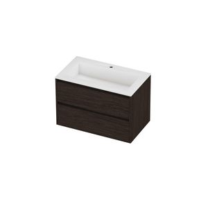 Aristo Set polystone Elegant wastafel met 1 kraangat en onderkast greeploos 2 laden symmetrisch in kader 800x460x540mm matt White/Mokka oak