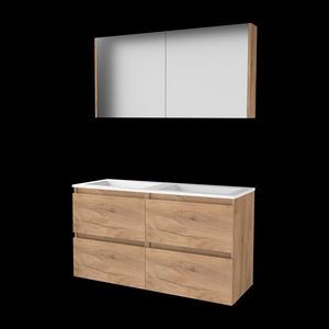 Set COMFORT-46 onderkast 120cm Whisky Oak (2x 60cm) greeploos 4x la acryl wastafel z/ kraangat spiegelkast (C46GL120A0WO)