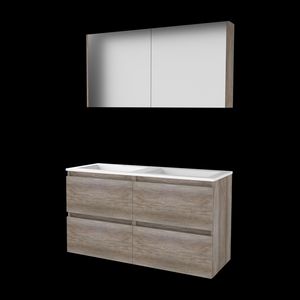 Set COMFORT-46 onderkast 120cm Scotch Oak (2x 60cm) greeploos 4x la acryl wastafel 2 kraangat spiegelkast (C46GL120A2SO)