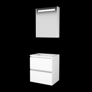Set PREMIUM-46 onderkast ice white 60cm greeploos 2x la acryl wastafel z/ kraangat spiegelkast geïn. LED-verl. (P46GL60A0IW)