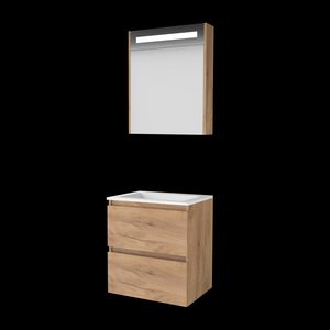Set PREMIUM-46 onderkast whisky oak 60cm greeploos 2x la acryl wastafel z/ kraangat spiegelkast geïn. LED-verl. (P46GL60A0WO)