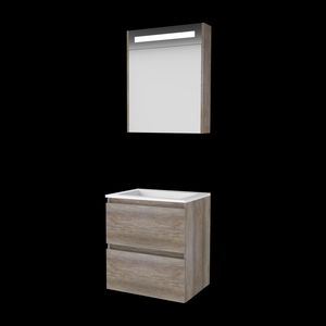Set PREMIUM-46 onderkast scotch oak 60cm greeploos 2x la acryl wastafel 1x kraangat spiegelkast geïn. LED-verl. (P46GL60A1SO)