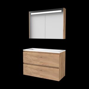 Set PREMIUM-46 onderkast whisky oak 100cm greeploos 2x la acryl wastafel 2x kraangat spiegelkast geïn. LED-verl. (P46GL100A2WO)