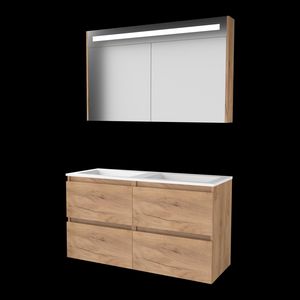 Set PREMIUM-46 onderkast whisky oak 120cm (2x 60cm) greeploos 4x la acryl wastafel z/ kraangat spiegelkast geïn. LED-verl. (P46GL120A0WO)