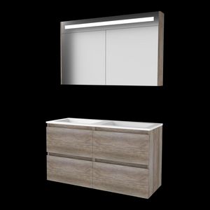 Set PREMIUM-46 onderkast scotch oak 120cm (2x 60cm) greeploos 4x la acryl wastafel z/ kraangat spiegelkast geïn. LED-verl. (P46GL120A0SO)