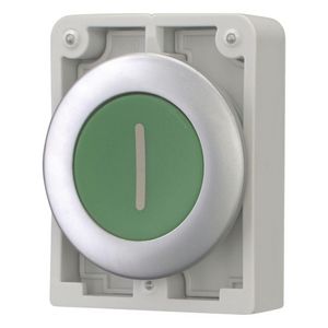 Drukknop 30mm vlak groen "I" terugverend