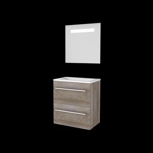 Set ECONOMIC-39 onderkast scotch oak 60cm grepen chroom 2x la acryl wastafel z/ kraangat spiegel geïn. LED-verl. (E39GR60A0SO)