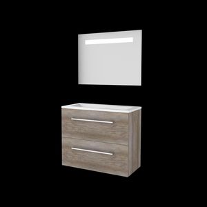 Set ECONOMIC-39 onderkast scotch oak 80cm grepen chroom 2x la acryl wastafel z/ kraangat spiegel geïn. LED-verl. (E39GR80A0SO)