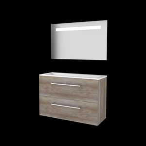 Set ECONOMIC-39 onderkast scotch oak 100cm grepen chroom 2x la acryl wastafel 1x kraangat spiegel geïn. LED-verl. (E39GR100A1SO)