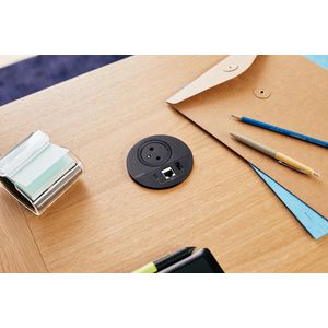 Wandcontactdoos zwart+ USB + RJ45+snoer L2m. Disq80