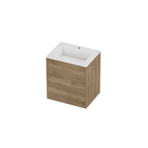Aristo Set polystone Elegant wastafel met 1 kraangat en onderkast tbv grepen 2 laden a-symmetrisch in kader 600x460x670mm glans wit/Cider oak