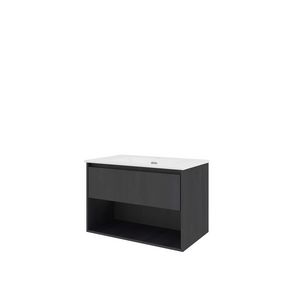 Set Proline porselein Elegant wastafel wit met 1 kraangat onderkast 1x lade+schap black oak 80x46cm