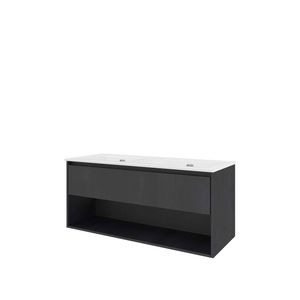 Set Proline porselein Elegant dubb. wastafel wit zonder kraangat onderkast 1x lade+schap black oak 120x46cm