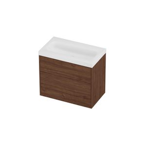 Haga Set polystone Mezza wastafel zonder kraangat en onderkast tbv grepen 2 laden a-symmetrisch in kader 800x460x730mm matt White/Indian walnut