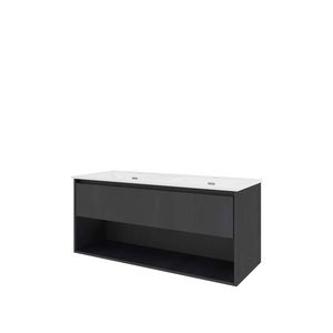 Set Proline porselein Elegant dubb. wastafel wit met 2 kraangaten onderkast 1x lade+schap black oak 120x46cm