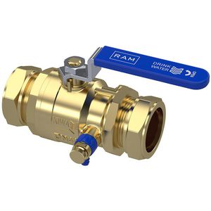 Kogelkraan S28 42x42mm knel DN40 PN10 met aftapper Kogelmet Teflon coating KIWA