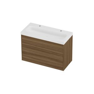 Haga Set polystone Mezza wastafel met 2 kraangaten en onderkast tbv grepen 2 laden a-symmetrisch in kader 1000x460x730mm matt White/Caramel walnut