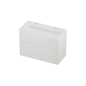 Haga Set polystone Mezza wastafel met 2 kraangaten en onderkast tbv grepen 2 laden a-symmetrisch in kader 1000x460x730mm mat wit/matt white