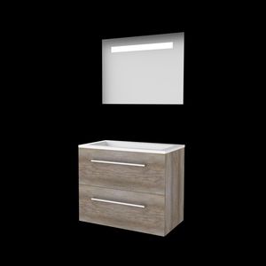 Set ECONOMIC-46 onderkast scotch oak 80cm grepen chroom 2x la acryl wastafel 1x kraangat spiegel geïn. LED-verl. (E46GR80A1SO)
