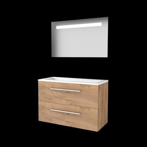Set ECONOMIC-46 onderkast whisky oak 100cm grepen chroom 2x la acryl wastafel 1x kraangat spiegel geïn. LED-verl. (E46GR100A1WO)