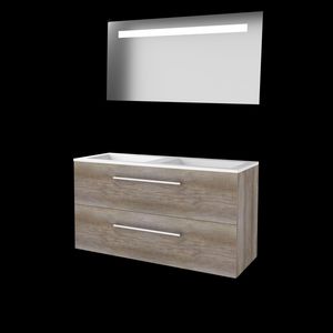 Set ECONOMIC-46 onderkast scotch oak 120cm (2x 60cm) grepen chroom 4x la acryl wastafel 2x kraangat spiegel geïn. LED-verl. (E46GR120A2SO)