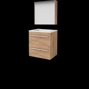 Set COMFORT-46 onderkast 60cm Whisky Oak grepen chroom 2x la acryl wastafel z/ kraangat spiegelkast (C46GR60A0WO)