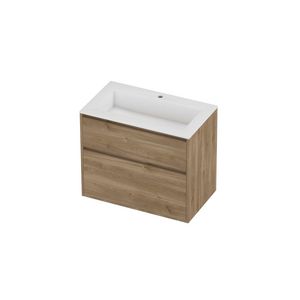 Aristo Set polystone Elegant wastafel met 1 kraangat en onderkast greeploos 2 laden a-symmetrisch in kader 800x460x670mm glans wit/Cider oak