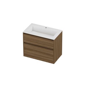 Aristo Set polystone Elegant wastafel met 1 kraangat en onderkast greeploos 2 laden a-symmetrisch in kader 800x460x670mm glans wit/Caramel walnut