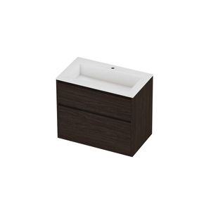 Aristo Set polystone Elegant wastafel met 1 kraangat en onderkast greeploos 2 laden a-symmetrisch in kader 800x460x670mm glans wit/Mokka oak
