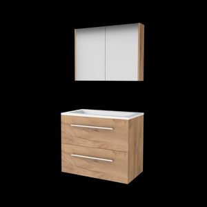 Set COMFORT-46 onderkast 80cm Whisky Oak grepen chroom 2x la acryl wastafel 1x kraangat spiegelkast (C46GR80A1WO)