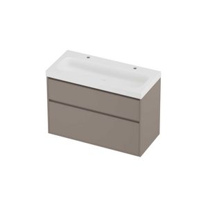 Haga Set polystone Mezza wastafel met 2 kraangaten en onderkast greeploos 2 laden a-symmetrisch in kader 1000x460x730mm matt White/Clay beige