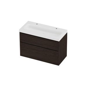 Haga Set polystone Mezza wastafel met 2 kraangaten en onderkast greeploos 2 laden a-symmetrisch in kader 1000x460x730mm matt White/Mokka oak