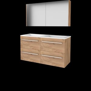 Set COMFORT-46 onderkast 120cm Whisky Oak (2x 60cm) grepen chroom 4x la acryl wastafel z/ kraangat spiegelkast (C46GR120A0WO)