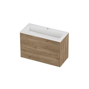 Aristo Set polystone Elegant wastafel met 1 kraangat en onderkast tbv grepen 2 laden a-symmetrisch in kader 1000x460x670mm glans wit/Cider oak