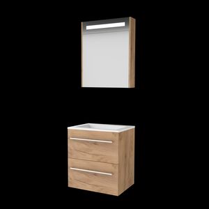 Set PREMIUM-46 onderkast whisky oak 60cm grepen chroom 2x la acryl wastafel z/ kraangat spiegelkast geïn. LED-verl. (P46GR60A0WO)