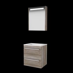 Set PREMIUM-46 onderkast scotch oak 60cm grepen chroom 2x la acryl wastafel 1x kraangat spiegelkast geïn. LED-verl. (P46GR60A1SO)