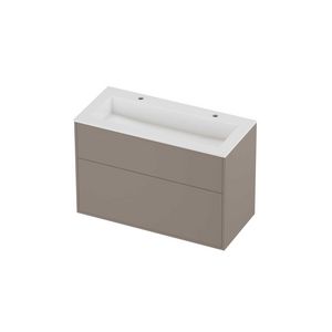 Aristo Set polystone Elegant wastafel met 2 kraangaten en onderkast tbv grepen 2 laden a-symmetrisch in kader 1000x460x670mm glans wit/Clay beige