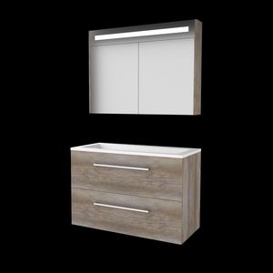 Set PREMIUM-46 onderkast scotch oak 100cm grepen chroom 2x la acryl wastafel z/ kraangat spiegelkast geïn. LED-verl. (P46GR100A0SO)